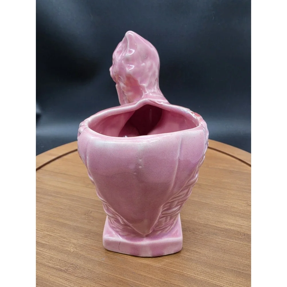 Vintage 1940s Nelson McCoy Pink Cat w/ Basket Planter Ceramic Succulent Planter